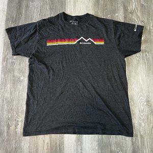 Columbia striped mountain graphic logo gray white red yellow t shirt